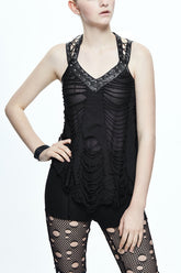 Black Halter Lace Up Shoulder Nailed Leather Loops Womens Punk T-shirt